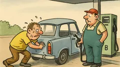 Vtip: Spotený vodič dotlačí trabanta na pumpu…