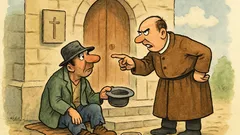 Vtip: Na prahu kostola sedí žobrák